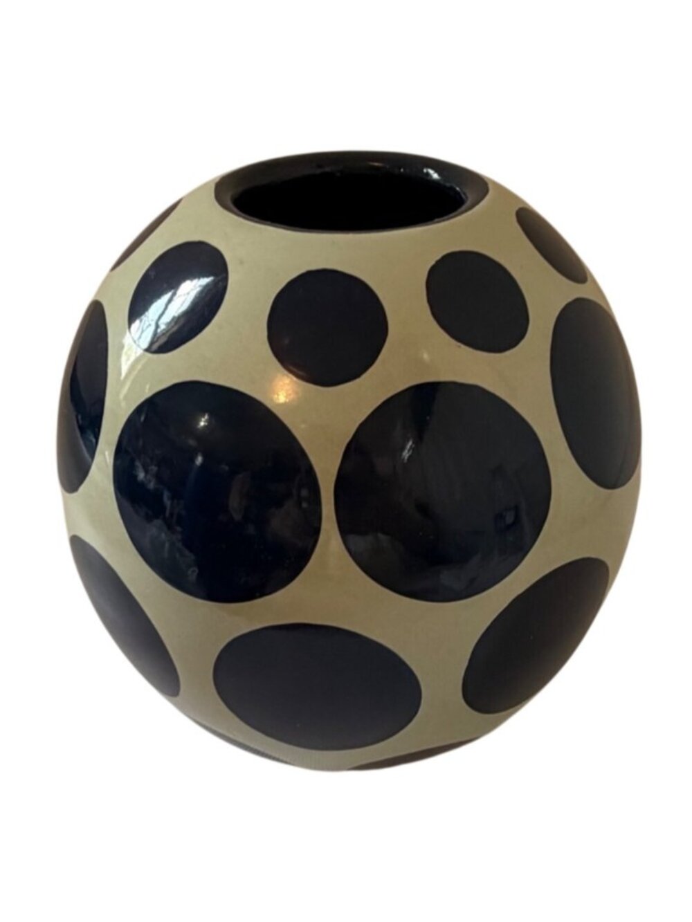 Vintage TOYO Ceramic Globe Vase Navy Blue Polka Dot Orb MCM Pottery 6 1/2"
